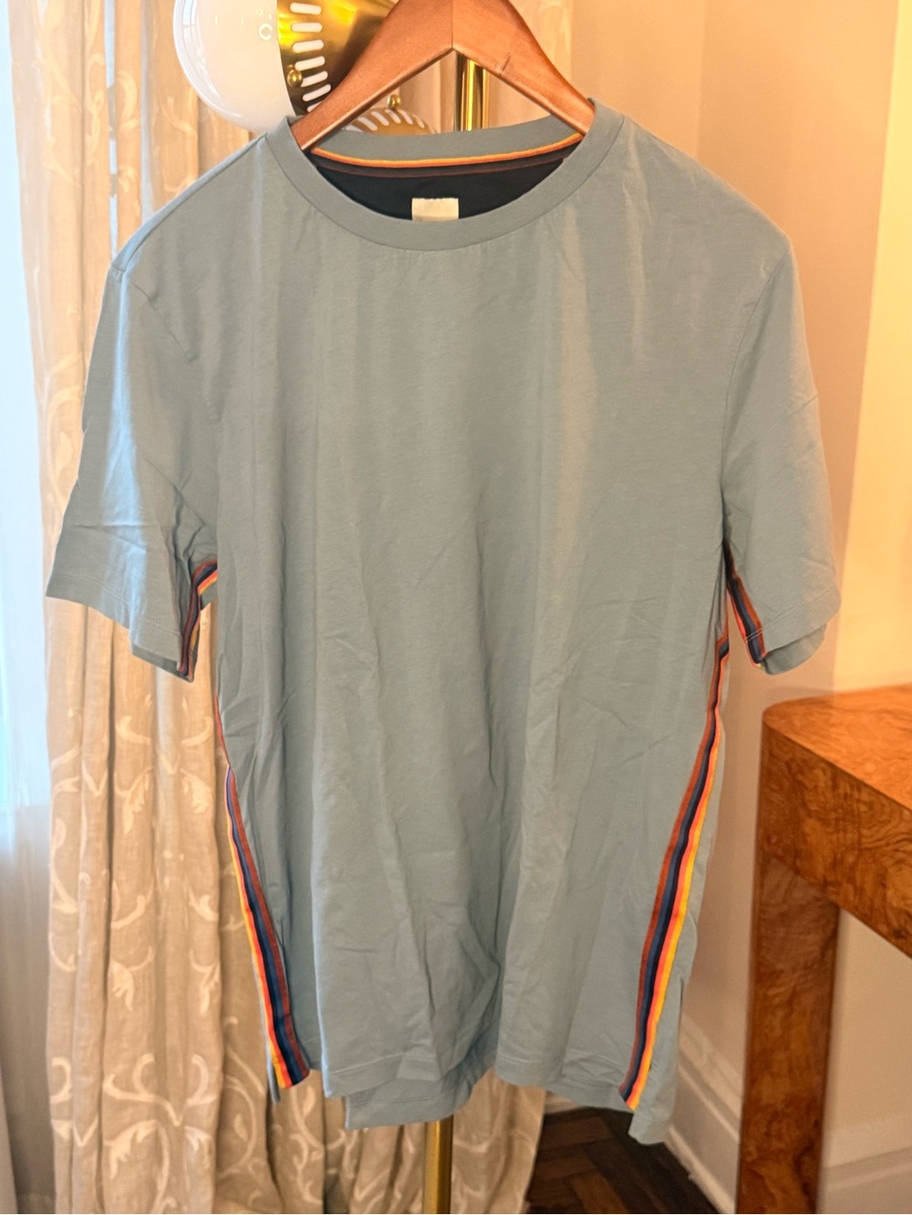 Paul Smith 
Light Blue Crewneck T-Shirt with Multicolor Side Stripes